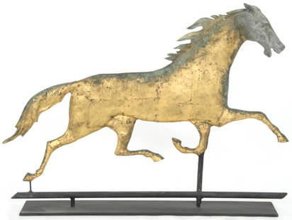 19th Century Horse Weathervane: 19th century copper and zinc weathervane depicting a horse in stride. Original gilt surface, body is intact. 20 in. high x 26 1/2 in. wide x 4 in. deep.