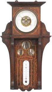 Arts & Crafts Inlaid Barometer: Arts and Crafts barometer with a 4 1/2 in. diameter dial, thermometer and an oak case with string inlay and three round mother of pearl medallions. 19 in. high x 10.5 in. wide x 3.5 in. deep.