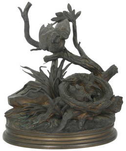 Jules Moigniez (French, 1835-1894): Jules Moigniez (French, 1835-1894) "Mother with Young"; depicts a mother bird perched above her young that are in a nest bronze sculpture signed "J. Moigniez" 14 1/2 in. high x 13 in. wide x 8 in. dee