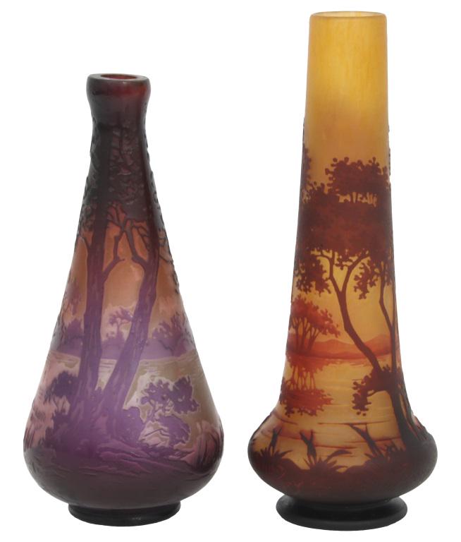 Two Scenic Cameo Glass Vases: A. Delatte Nancy, Daum Nancy Two vases with scenic decoration cameo glass signed in cameo on the body early 20th century 7 1/4 in. high (smallest) 8 1/4 in. high (largest)