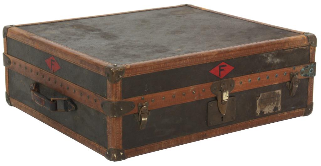 Louis Vuitton Square Monogram Shoe Trunk: Rare trunk in pristine condition, has monogrammed canvas exterior with tooled leather edges, brass corner escutcheons, brass latches, original side leather handle is stamped Louis Vuitton; the interio