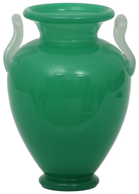 Steuben Green Jade Vase: Steuben green Jade vase is in a baluster form having applied alabaster handles. Signed on the underside "Steuben"; shape number 8508. Very good condition with no damage or repair. Dimensions: 10 in. h