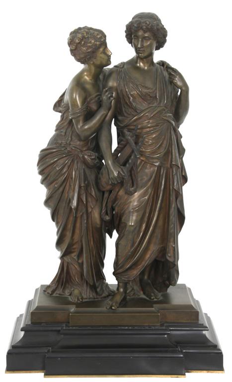 Auguste Moreau (French, 1834-1917): Auguste Moreau (French, 1834-1917) Sculpture of Two Classical Figures patinated bronze signed "Moreau" 25 in. high x 15 1/2 in. wide x 9 in. deep
