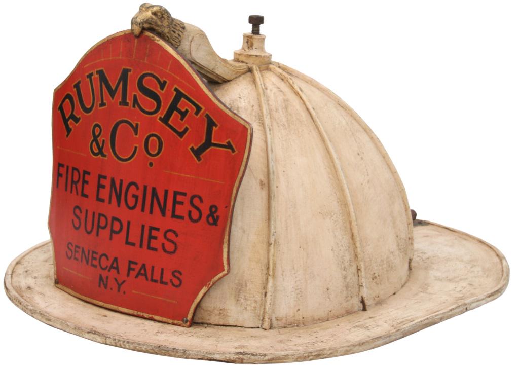 Rumsey & Co. Fire Engines & Supplies Hat Sign: Rumsey & Co. Fire Engines & Supplies advertising sign in the form of a 3 dimensional fireman's hat, Seneca Falls, N.Y. 16 in. high x 23 in. wide x 32 in. deep.