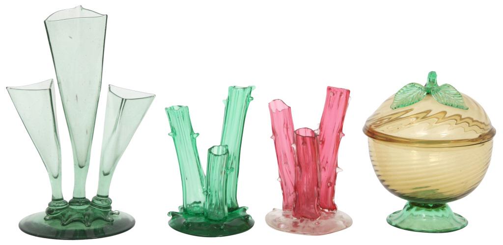Lot of Four Steuben Pieces: Lot of four Steuben pieces include: Pomona green and gold ruby tree trunk vases having ribbed flutes with both having damage, unsigned, 6 in. high. Three prong Pomona green vase, signed "Steuben" on t