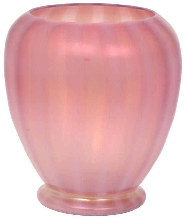 Steuben Oriental Poppy Vase: Steuben art glass vase is in a bulbous form having an oriental poppy pink background with white vertical ribbons and overall iridescence. Very good condition with no damage or repair, unsigned. 7 in.
