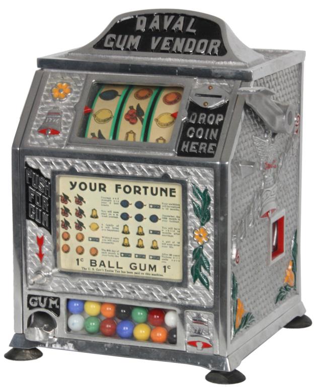 Daval Gum Vendor 1 Cent Trade Stimulator: Daval Mfg. Co. Gum Vendor 1 Cent Coin-op Slot Machine Trade Stimulator. 3 reel slot machine with 1 Cent Fortune labels, fortune teller panel below, dispenses a gumball with each play. The cast aluminu