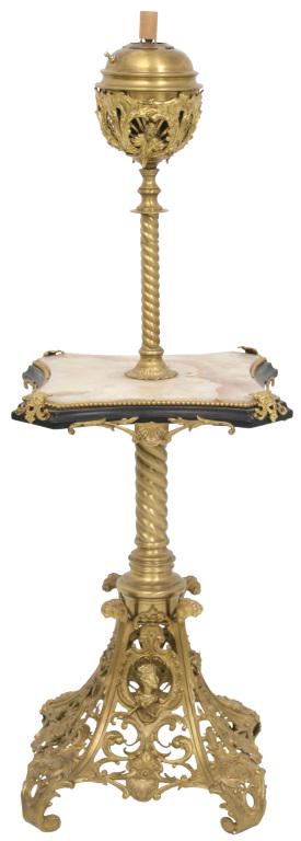 Victorian Gilt Brass Piano Lamp Base: Victorian gilt brass piano lamp base with elaborate scrolling pierced filigree decoration, spiral center post and onyx platform. 51 in. high x 18 in. wide x 18 in. deep.
