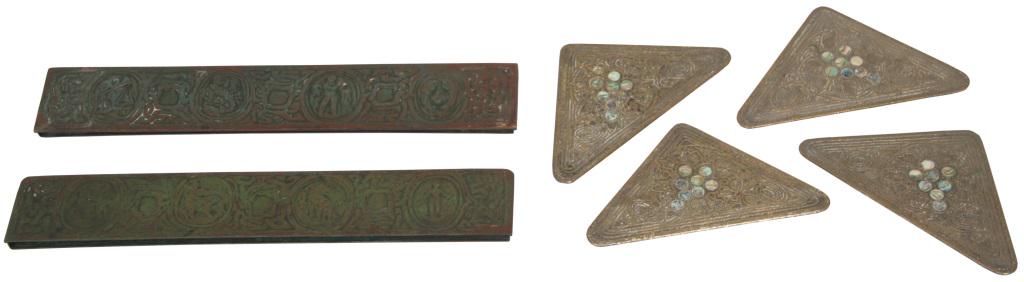 Tiffany Studios Blotter Ends & Corners: Tiffany Studios Zodiac Blotter Ends and Abalone Blotter Corners patinated bronze, abalone inlay signed "Tiffany Studios New York"; numbered "1154" and "994" 1) 12 1/4 in. wide x 2 in. deep 2) 6 in. wi