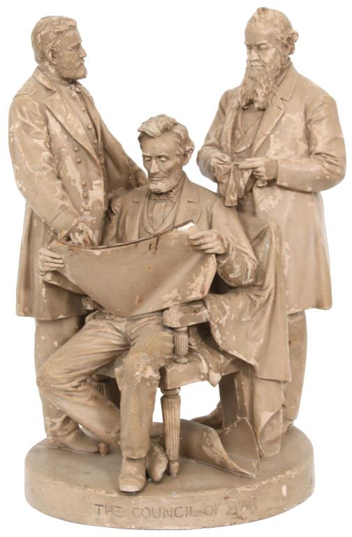 John Rogers Group, "The Council of War": John Rogers (American, 1829-1904) "The Council of War" painted plaster signed "John Rogers, New York" and titled on front patented March 31, 1868 24 in. high x 16 in. wide x 14 in. deep