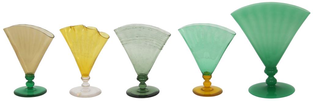 Five Steuben Fan Vases: Lot of five Steuben fan vases with two having etched designs, one having threading, and the large one being done in green Jade glass. 1) Fleur-de-Lis signature. 3) Signed "Steuben." 5) Fleur-de-Lis si