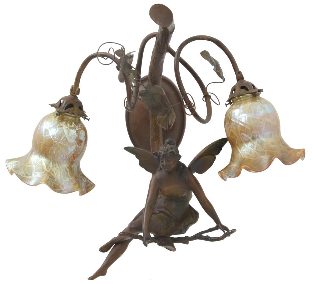 French Art Nouveau Wall Sconce: French Art Nouveau wall sconce with winged female sitting on a branch with two art glass shades, unsigned. 16 in. high x 14 in. wide x 7 in. deep.