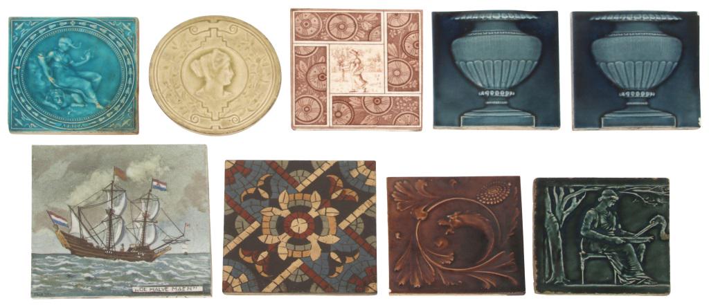 Group of Nine Pottery Tiles: Group of nine pottery tiles with figural, floral and scenic decorations, makers in this order: Minton, J. & J.G. Low, unidentified, J. & J.G. Low, J. & J.G. Low, Longwy, Boch Freres Maubeuge, J. & J.G