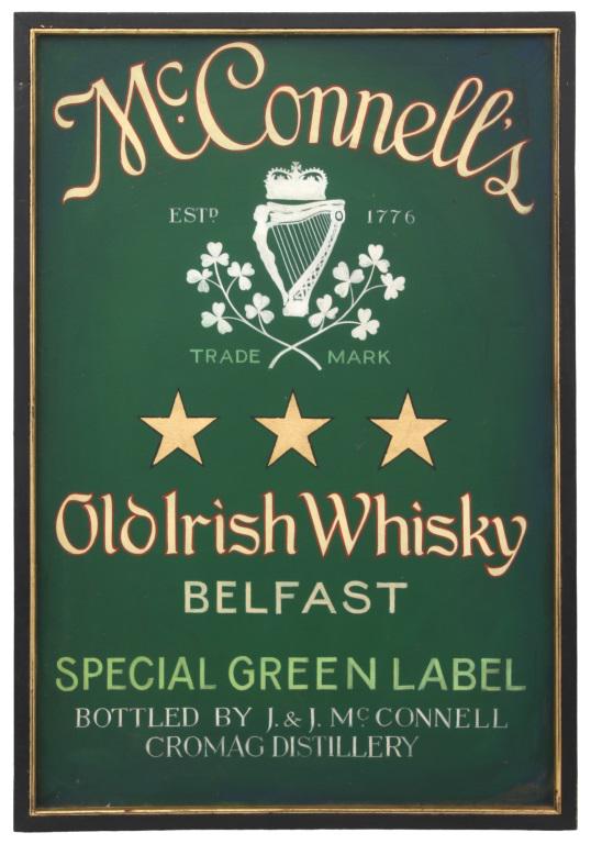 McConnell's Irish Whisky Advertising Sign: McConnell's old Irish whisky advertising sign on wood panel, reads: "McConnell's Old Irish Whisky, Belfast, Special Green Label, Bottled by J. & J. McConnell, Cromag Distillery, Est. 1776." 46 in. hig