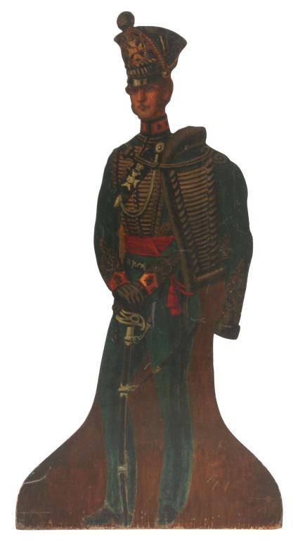 Hand Painted Soldier Umbrella Stand: Wooden umbrella stand with painted surface depicting a soldier in a fancy uniform holding a sword. 41 in. high x 21 1/2 in. wide x 9 in. deep.