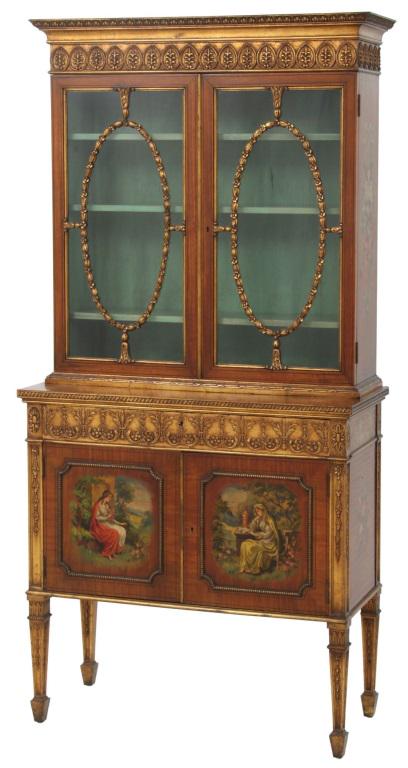 Satinwood Adams Style Secretary: Satinwood secretary with overhanging cornice top having gilt geometric filigree frieze, 2 door bookcase with leafy mullions, painted top surface with pink roses and leaves and painted roses, filigree,