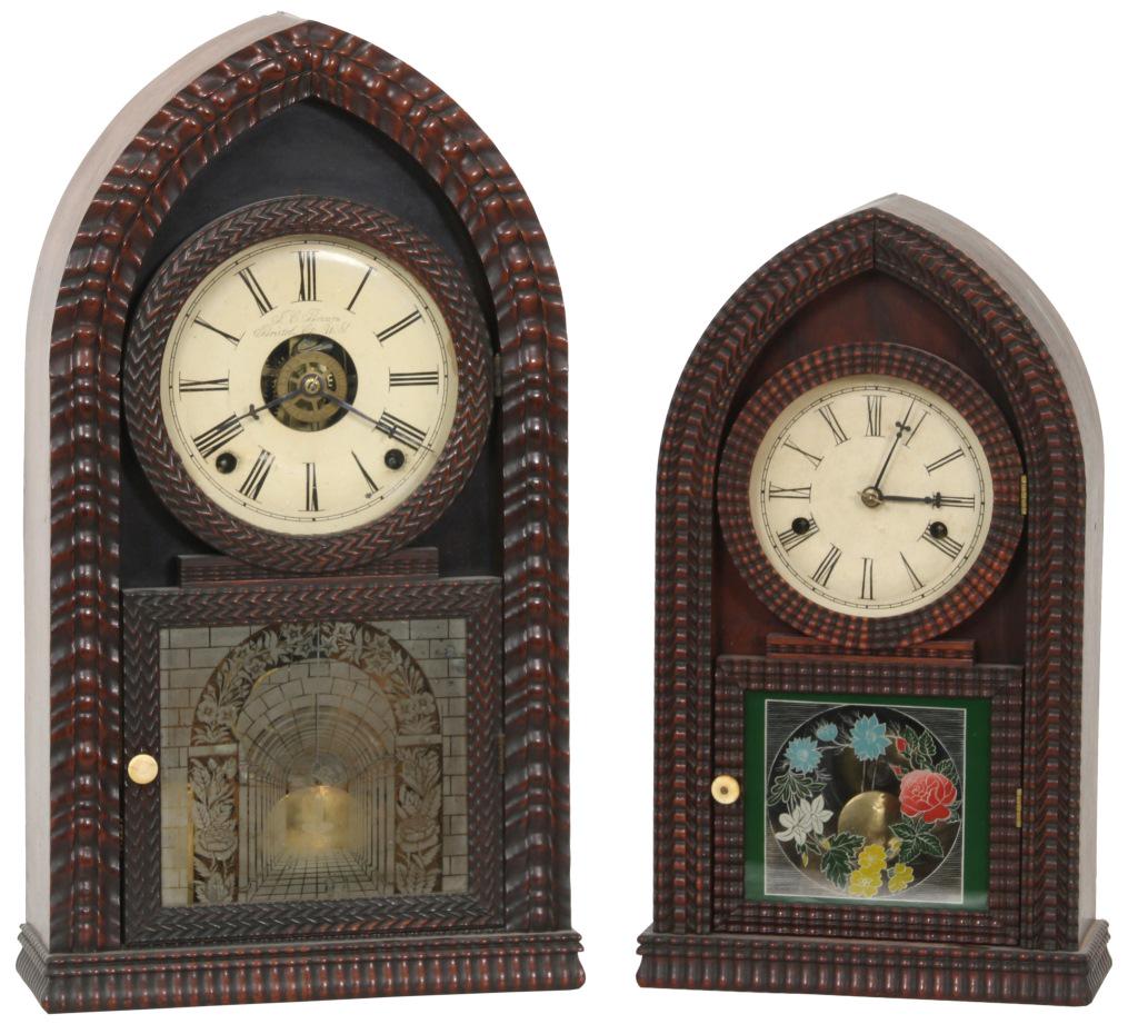 Two J.C. Brown Ripple Front Beehive Clocks: 1) J.C. Brown clock with rosewood ripple front case, original finish, hands, dials, movement, glasses and knob, 8-day brass time, strike and alarm movement, dial signed "J.C. Brown Bristol, CT., U.S.,