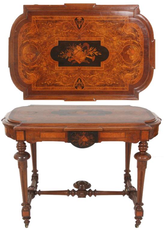 Renaissance Revival Inlaid Walnut Center Table: Renaissance Revival inlaid walnut center table with turned and incised legs, stretchers and center finial, raised panels and incising around the apron with inlaid panels of filigree and musical instru
