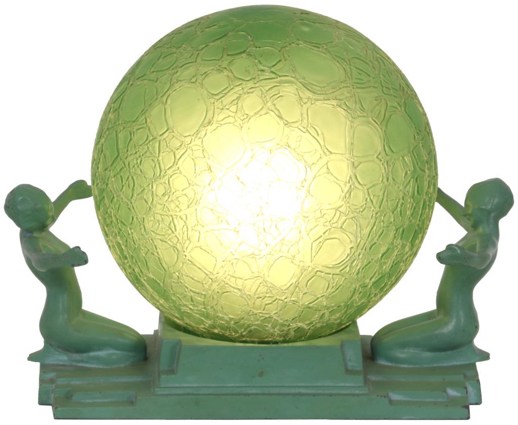 Frankart Figural Nude Lamp: Frankart Art Deco lamp with two nude females knelt on either side of a green crackle glass shade; signed on the stepped base, "Frankart, Inc." Very good condition with the base having wear to the enam
