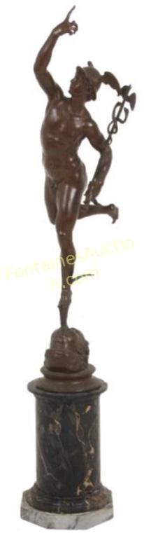 Bronze Sculpture after Giambologna: Bronze sculpture after Giambologna's Mercury, depicting a figure standing on a puttiâ€™s head, holding a staff wrapped with serpents cradled in his left arm and his right hand is pointed up in fr