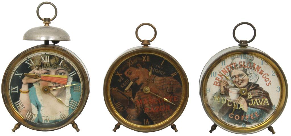 Three Animated Advertising Clocks: Three animated advertising clocks, including: 1) "Mascotte Razor,” 3.5 inch dial with razor moving to simulate a man shaving, 30-hour time only pin lever movement, running, 4.5 in. high x 4&rdqu