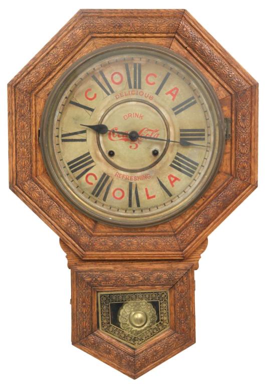 Sessions Coca-Cola Advertising Clock: Sessions Coca-Cola Advertising Clock, original 12 in. painted metal dial signed "The Sessions Clock, Co., Forestville, Conn.," black Roman hour numerals and black hands, advertising reads: "Drink Coca