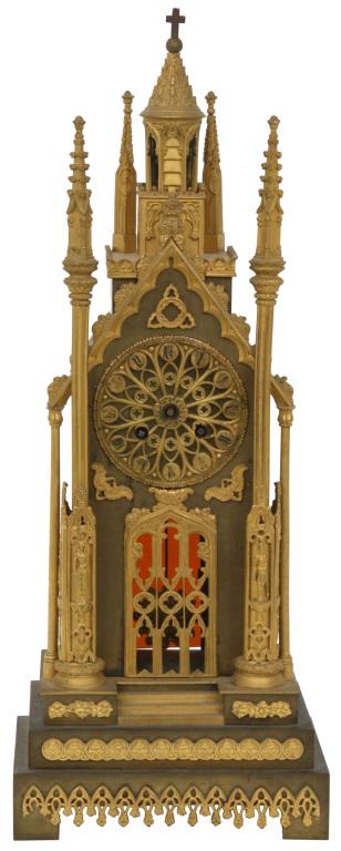 French Silk Thread Gothic Cathedral Clock: French silk thread gothic cathedral clock with 8-day brass count wheel movement signed "Medaille D'or Pons 1827," striking on a bell, brass case with cast trim, hands are missing, original finish, pen