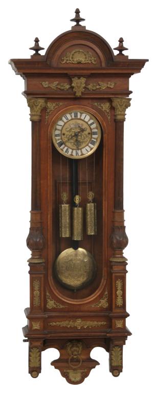 Vienna Grand Sonnerie Wall Clock: Vienna grand sonnerie, Alt Deutsch wall clock with brass trimmed and fluted columns, pediment with finials, 8-day weight-powered gong striking movement signed "GF," original brass and silvered dial, s