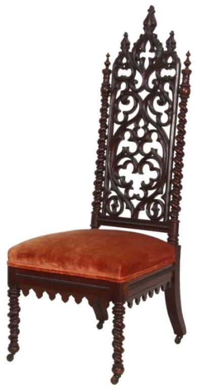 Pierced Carved Walnut Gothic Hall Chair: Gothic hall chair with pierced carved scrolling back and a 3 spire pointed crest having spiral turned side posts with turned finials; pointed and beaded carvings under the seat and stands on spiral tu