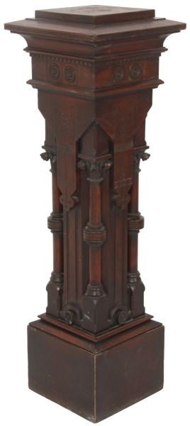 Renaissance Revival Walnut Newel Post: Renaissance revival newel post has an exceptional carved pedestal with 10 in. square raised top, carved rosettes in the border, incised highlights with pendant trefoil carvings and excellent turned co