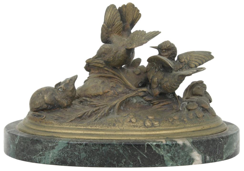 Jules Moigniez (French, 1835-1894): Bronze figural grouping with 2 birds perched on a branch of wheat and looking down at a mouse; signed "J. Moigniez", on a green marble base. No breaks or repair, patina is worn. 5 in. high x 8 in. wid