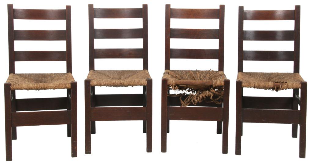 Four Gustav Stickley No. 306 1/2 Side Chairs: Four Gustav Stickley no. 306 1/2 side chairs with three horizontal back slats and four squared legs, signed with the early "Stickley" in the box mark, circa 1901. 34 1/2 in. high x 16 in. wide x 15 1/