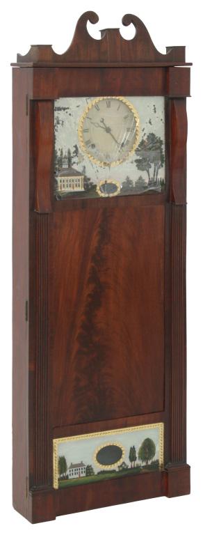 Joseph Ives Looking Glass Clock: Joseph Ives Looking Glass Clock, mahogany veneer case with reeded pilasters and scrolled top, Ives patent movement with roller pinions, rack striking and steel plates, pendulum bob, pullies and finial