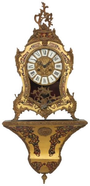 20th Century Tortoise Shell Bracket Clock: 20th century tortoise shell bracket clock has a 6.5 in. brass dial with inset porcelain Roman hour numeral inserts, pierced black hands; brass 8 day, spring driven movement signed "F.H.S., Germany" (F