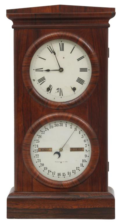 Seth Thomas No. 3 Parlor Clock: Seth Thomas No. 3 parlor clock with a rosewood veneer case having chips to the edges, original dials with the upper dial having paint loss, stains, and flaking, lower with minor loss and staining, com