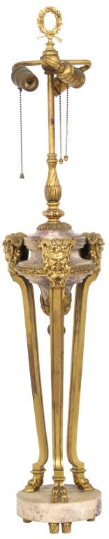 Attr. E.F. Caldwell Gilt Bronze Lamp Base: Attributed to E.F. Caldwell gilt bronze and marble lamp base with wreath finial, spherical three socket light cluster, three mythical creature heads with horns and long supports leading to hoofed feet