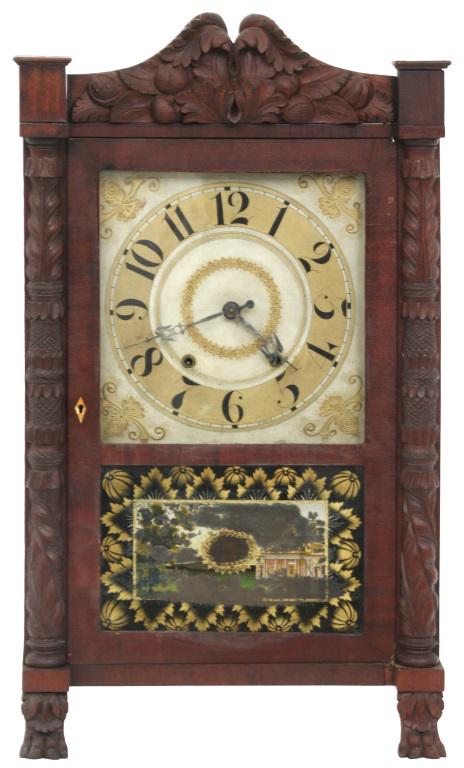 Lucius B. Bradley Shelf Clock: Lucius B. Bradley shelf clock, made in Watertown, CT, using Eli Terry's patent, 30 hr. wood works movement in a transitional short drop case with carved columns and splat, case retains its original fi