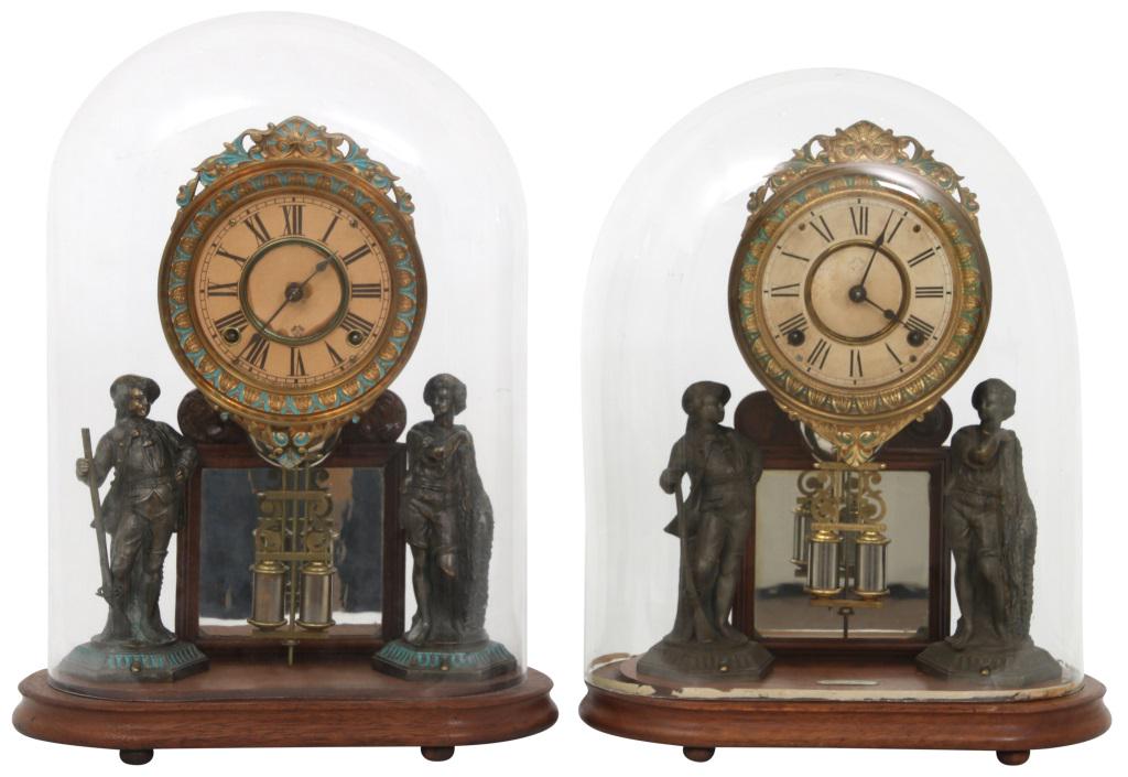 Two Ansonia Crystal Palace No. 1 Extra Clocks: Two Ansonia Crystal Palace No. 1 Extra clocks, including: 1) 8-day signed brass time and strike movement having recoil escapement, wooden base with enhanced finish and replaced mirror, gilding worn of