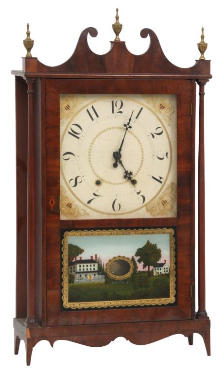 Mark Leavenworth & Co. Pillar and Scroll Clock: Mark Leavenworth & Co. pillar and scroll clock with refinished mahogany case, 30-hour woodworks movement striking on a bell, glasses are replacements and glazed in place as the originals were, hands (