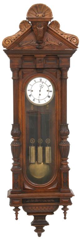 Grand Sonnerie 3 Weight Vienna Regulator Clock: Vienna regulator clock with three weights, 8-day brass movement, Grand Sonnerie strike, original pediment with repairs, unmarked case and movement, does not run or strike. 58 in. high x 18 in. wide x