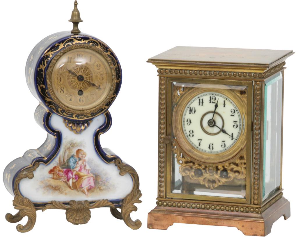 Waterbury Crystal Regulator & French Clock: 1) Waterbury crystal regulator with beveled glass panels, 8-day brass pin lever movement striking on a gong, porcelain dial with Arabic numerals, dial has staining, chip to corner of rear glass, brass