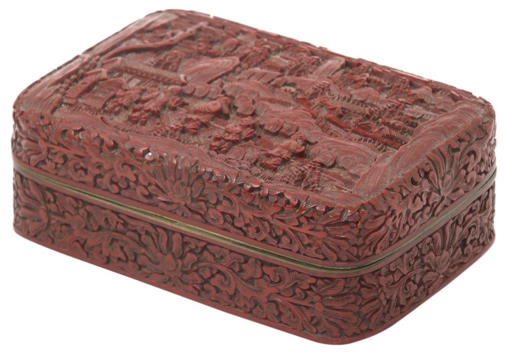 Carved Chinese Cinnebar Box: Chinese cinnabar box with carved filigree and a village scene with structures, trees and figures, 2 in. high x 6 in. wide x 4 in. deep.
