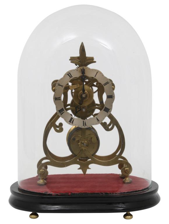 Fusee Skeleton Dome Clock: Fusee Skeleton Dome Clock, 20th century, time only 8-day fusee movement with skeleton plates and silvered dial with roman numerals, wooden base and glass dome, minute hand is a replacement and does no