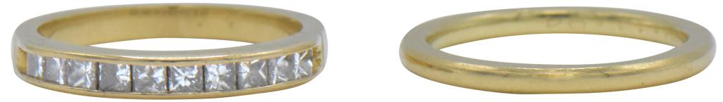 Two Black Starr & Frost 18K Yellow Gold Rings: 1) Metal Type: 18K Yellow Gold Jewelry Type: Diamond Ring Band Retailer: Black Starr & Frost Gemstone: (10) Princess Cut Diamond Carat Weight: 0.25 Hallmark: 18K Condition: Very Good Ring Size: 4 3/4 