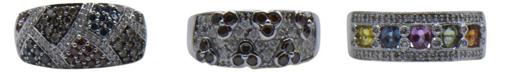 Three 10K White Gold Rings: 1) Metal Type: 10K White Gold Jewelry Type: Fashion Ring Gemstones: (14) Reddish-Brown Color-Treated Round Brilliant Diamond, (20) Brown Color-Treated Round Brilliant Diamond, (15) Blue Color-Treated 
