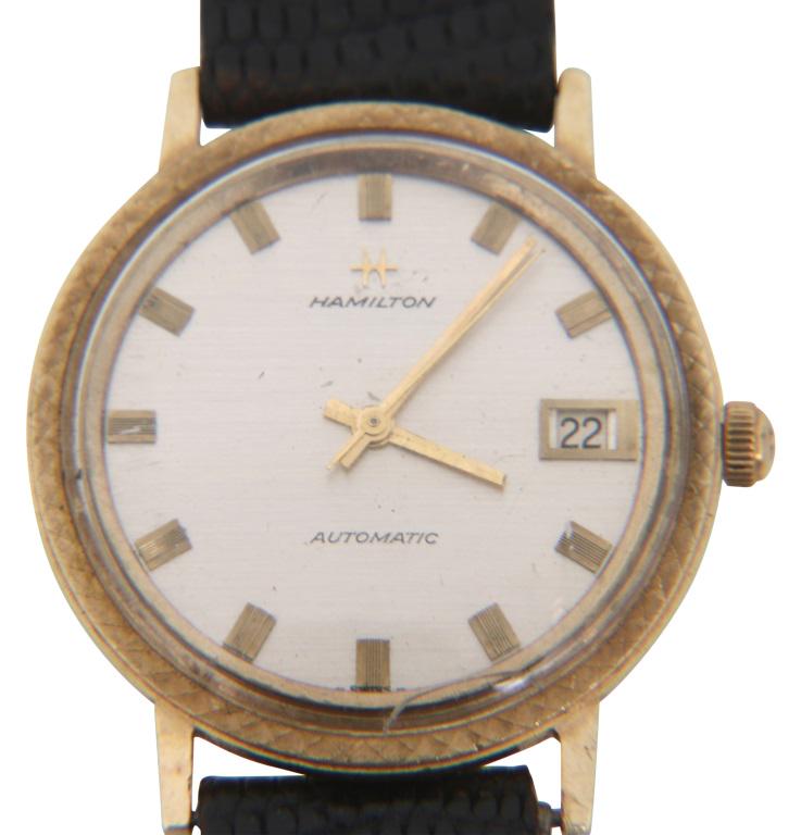 Hamilton 14K Gold Men's Watch: Hamilton 14K Gold Men's Watch, automatic movement, silvered dial, black leather band, case size: 33.34 mm, case marked: "Hamilton, 14 Karat Gold," dial marked: "Hamilton, Automatic."