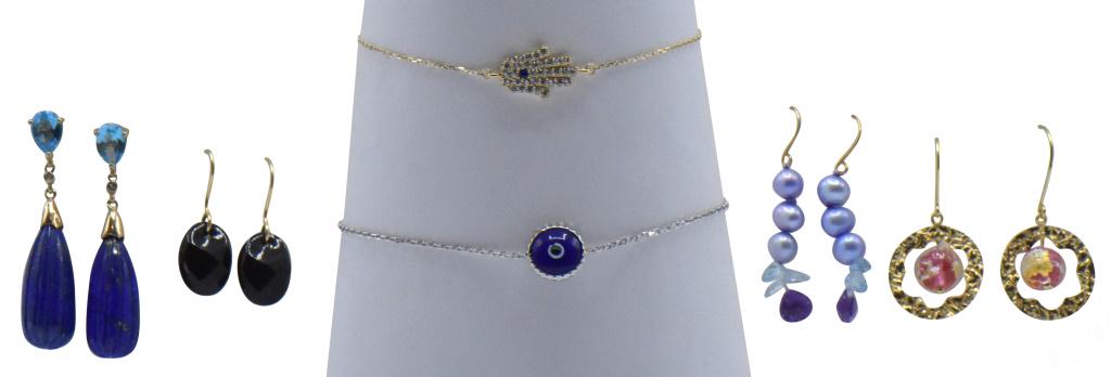 Four Pairs of Gold Earrings & Two Gold Bracelets: 1) 10K Yellow Gold, Topaz, Diamond, & Lapis Earrings Earring Length: 1 3/4 in. long 2) 10K Yellow Gold & Black Onyx Earrings Earring Length: 1 in. long 3) 14K Yellow Gold & CZ Eye of Fatima Bracelet B