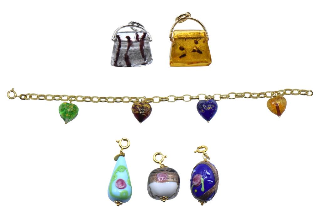 14K Gold Charm Bracelet, 3 Charms, & 2 Pendants: 1) 14K Yellow Gold Murano Glass Purse Necklace Pendant Dimensions: 1 1/8 in. long 2) 14K White Gold Murano Glass Purse Necklace Pendant Dimensions: 1 1/8 in. long 3) 14K Yellow Gold Murano Glass Bead