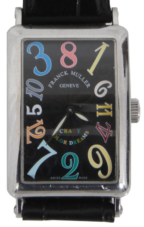 Franck Muller Crazy Color Dreams Watch: Franck Muller, Casablanca, Crazy Color Dreams Watch, stainless steel, black sunburst guilloche dial with multi-color Arabic numerals, leather band, case: 32 x 45 mm, reference number: 5850, case numbe