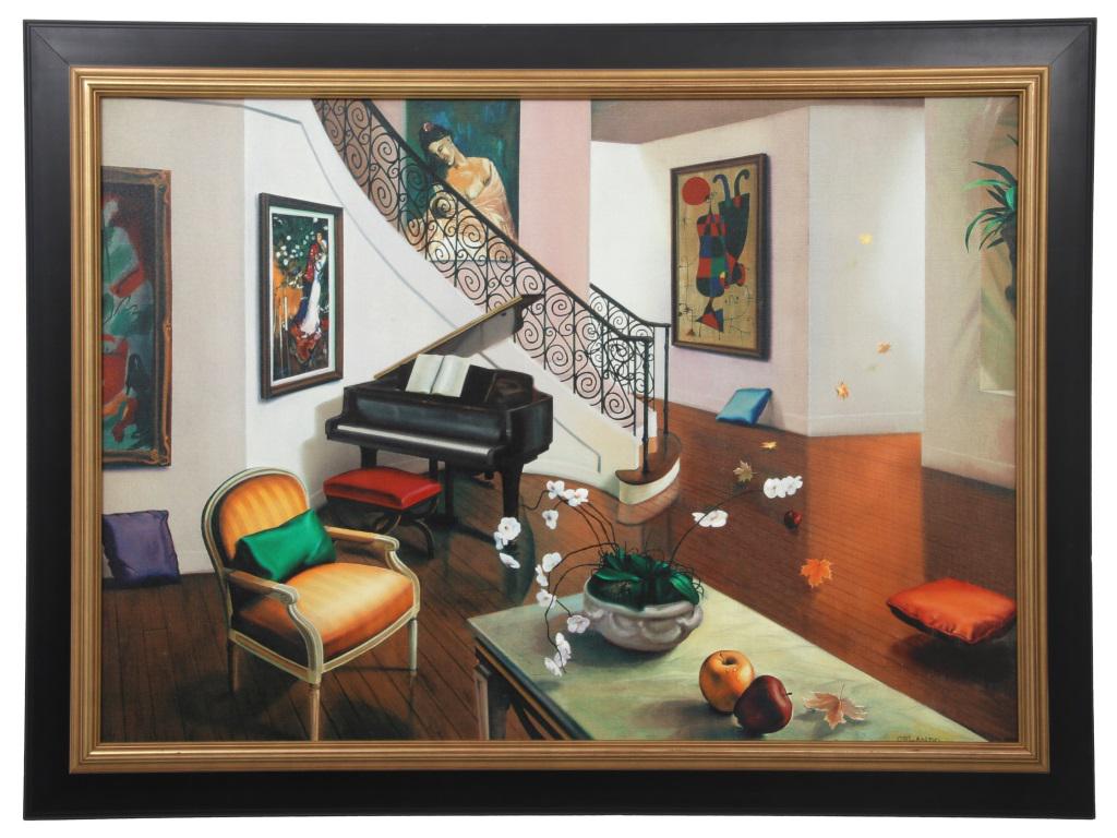 Orlando Quevedo (Cuban, b. 1970): Orlando Quevedo (Cuban, b. 1970) Interior Scene giclee on canvas signed "Orlando" (lower right) 37 in. high x 49 in. wide (frame)